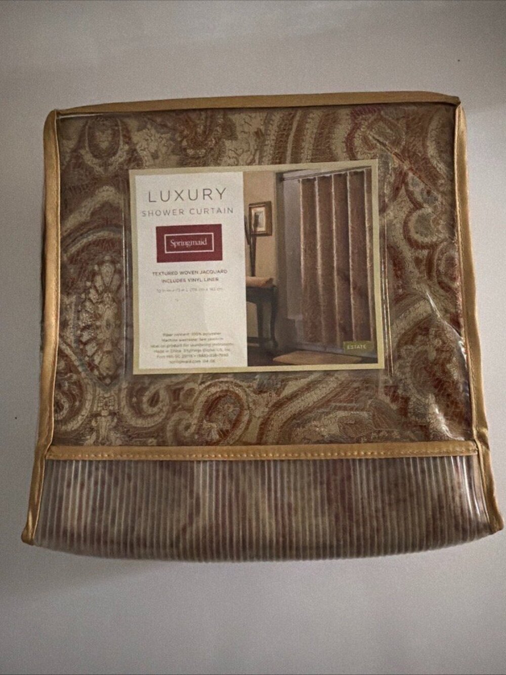 Vtg Springmaid ESTATE Shower Curtain Gold Red Luxury Textured Woven Jacquard